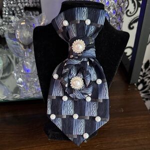 Elegant Black and Blue Tie with Pearl Accents